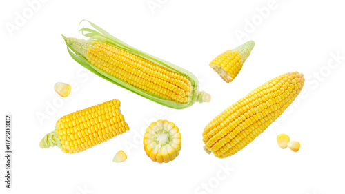 Flying fresh corn with broken isolated on white background , clipping path.