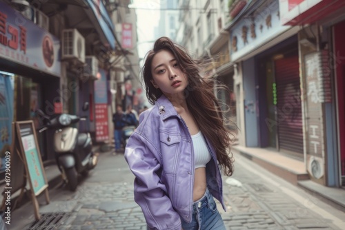 Woman in a Purple Jacket on a Street in Asia