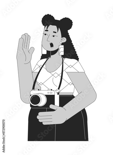 Curvy latina female photographer sightseer black and white 2D line cartoon character. Plus sized woman traveler with camera isolated vector outline person. Tourist monochromatic flat spot illustration