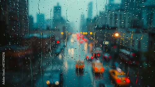 Window with raindrops, city street at dusk in blurred background as wallpaper