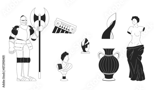 Ancient museum artifacts black and white 2D line cartoon objects set. Knight armor, mineral, vase, sculptures isolated vector outline items collection. Exhibition monochromatic flat spot illustrations