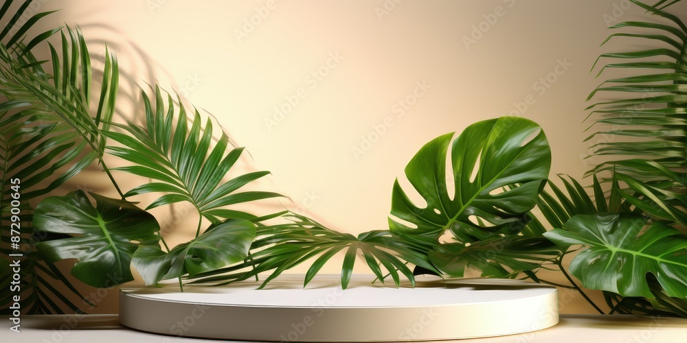 Tropical Leaves and Minimalist Round Platform Tropical Leaves and Minimalist Round Platform