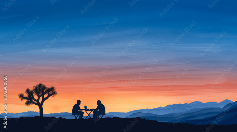 Watercolor illustration of a joyful family picnicking under a vibrant sunset in Joshua Tree National Park bright simple watercolour background Watercolor illustration of a joyful family picnicking under a vibrant sunset in Joshua Tree National Park bright simple watercolour background