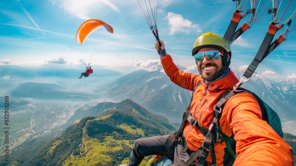Fototapeta premium Paragliding man takes a selfie during flight - Extreme sport concept - Models by AI generative