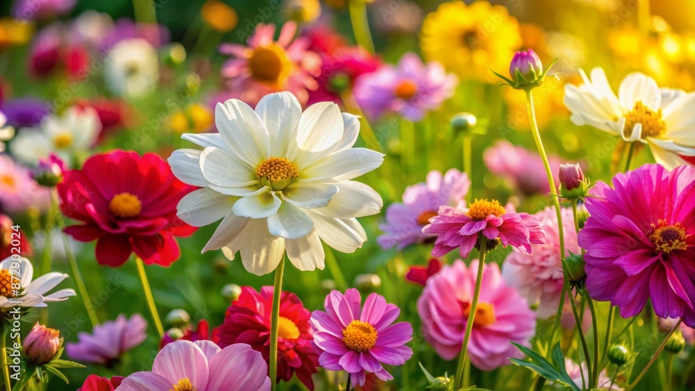 Vibrant blooming flowers in shades of pink, yellow, and white scattered across a lush green background, exuding freshness and serenity. Vibrant blooming flowers in shades of pink, yellow, and white scattered across a lush green background, exuding freshness and serenity.