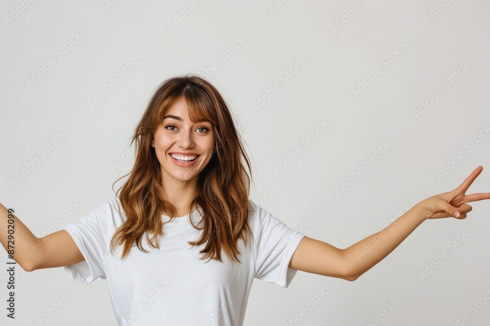 A smiling woman with her hands up showing peace sign. A smiling woman with her hands up showing peace sign.