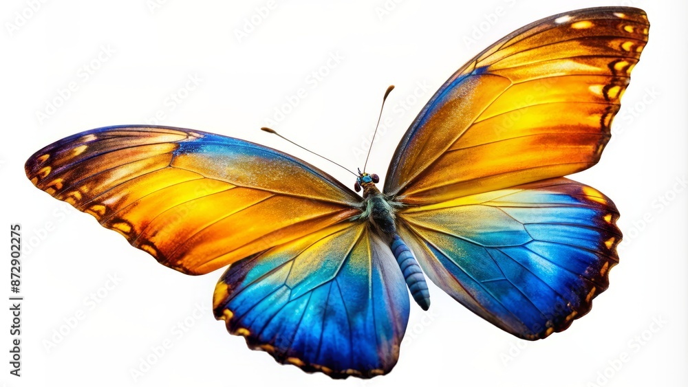 Obraz premium Vibrant blue, yellow, and orange butterfly spreads its delicate wings, soaring majestically against a crystal-clear, transparent background, solo and unfettered.