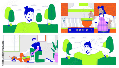 Alternative hat usage and panic attack outdoors cartoon flat illustration set. Multiracial adults 2D line characters colorful background. Lifestyle scene vector storytelling image collection