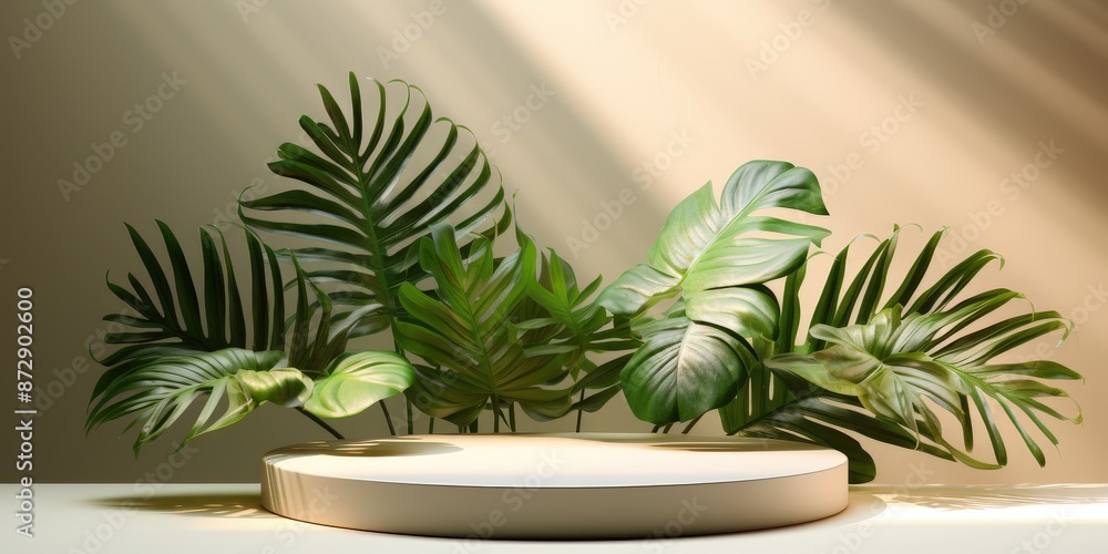 Minimalist Tropical Product Display with Green Foliage Minimalist Tropical Product Display with Green Foliage