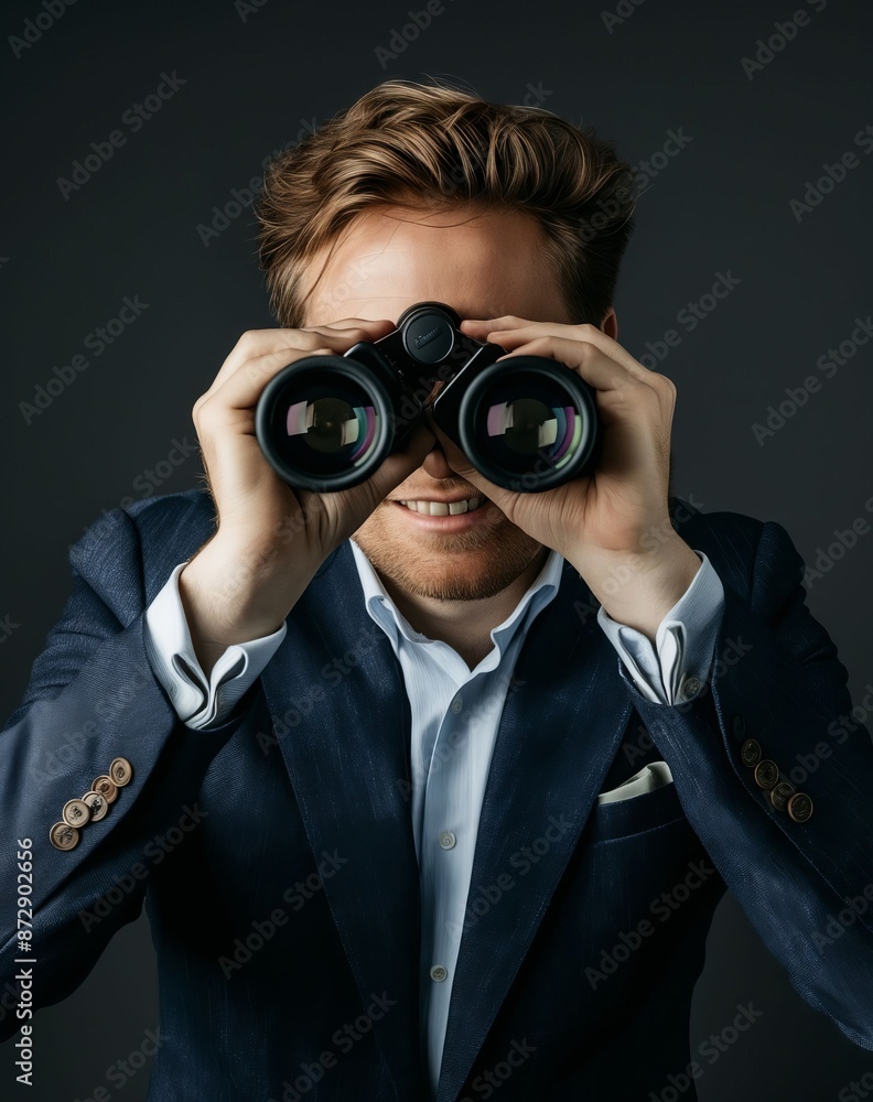 A man in a suit looking through binoculars. A man in a suit looking through binoculars.