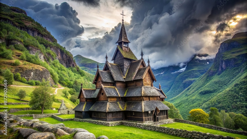 Serene Norwegian landscape featuring majestic medieval Borgund Stave Church surrounded by lush greenery and towering mountains under cloudy sky. Serene Norwegian landscape featuring majestic medieval Borgund Stave Church surrounded by lush greenery and towering mountains under cloudy sky.