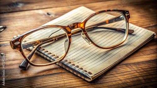 Closed damaged brown frames with shattered lenses and twisted metal lying on a wooden desk next to a scattered notebook page.