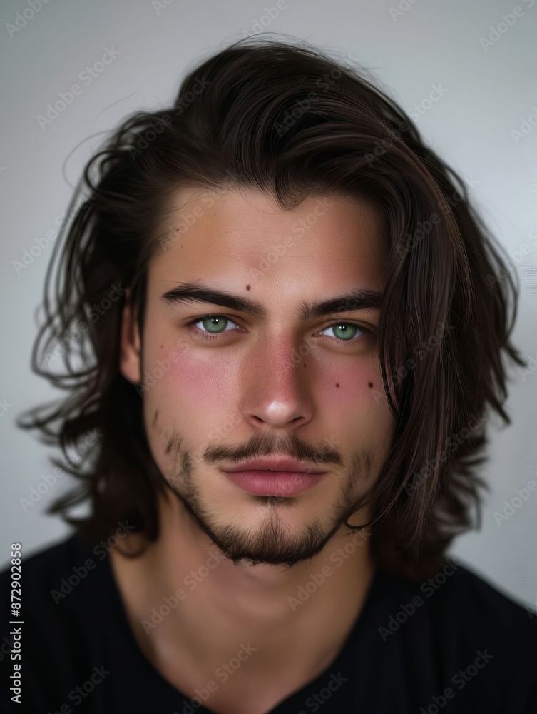 A man with long hair and green eyes. A man with long hair and green eyes.