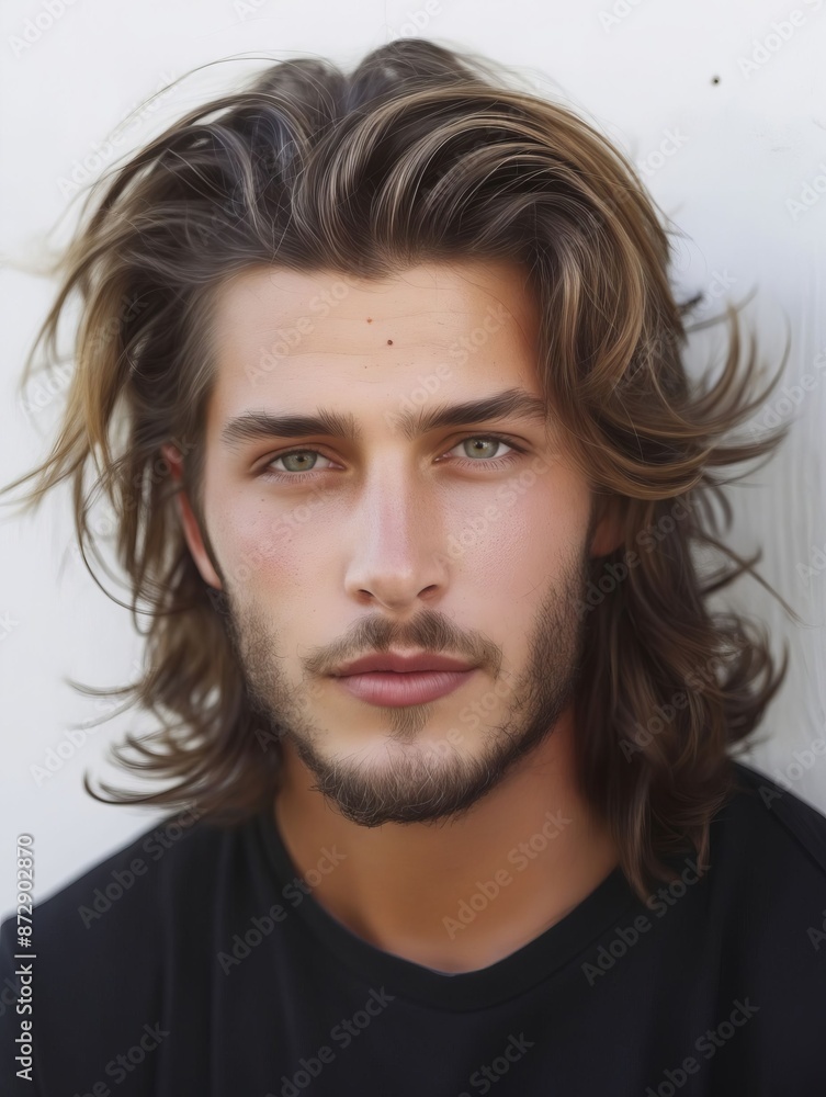 A man with long hair and a black shirt.