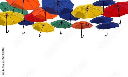 Colorful Rainbow Umbrellas featuring a multitude of colorful umbrellas on white backround