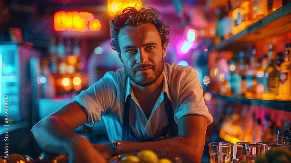 Barman Working Behind the Counter in a Neon-Lit Bar Barman Working Behind the Counter in a Neon-Lit Bar
