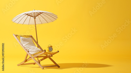 Time to Relax, Alarm Clock in Deck Chair with Sun Umbrella, Relaxation Concept, Alarm Clock Lounging Under Sun Umbrella, Summertime Ease, Alarm Clock on Deck Chair, Symbolizing Relaxation photo