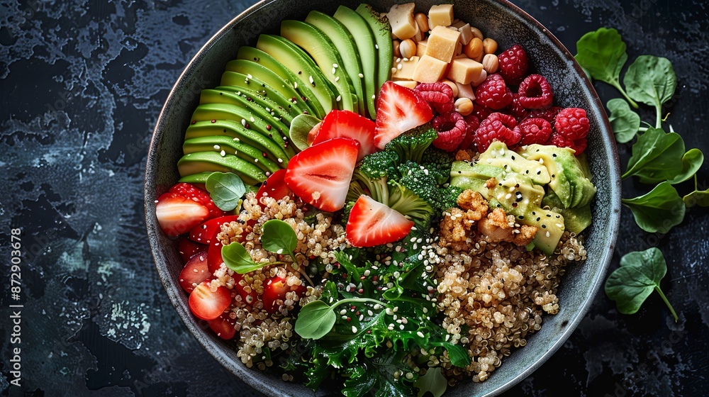 Aerial perspective of a nourishing quinoa bowl on dark background Aerial perspective of a nourishing quinoa bowl on dark background