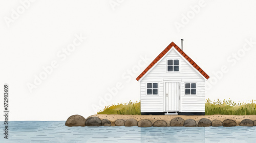 Watercolor illustration of a minimalist Scandinavian boathouse in muted seashell pink on white ink watercolour 