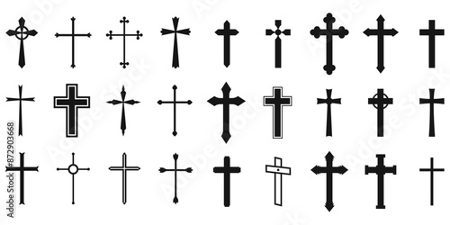 Large selection of religious Christian crosses. Vector set of black silhouette crosses.