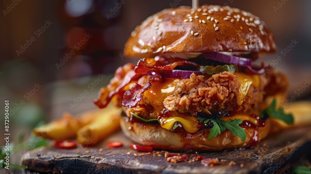 Fried Chicken Burger with Crispy Bacon, Delicious Fast Food Meal Fried Chicken Burger with Crispy Bacon, Delicious Fast Food Meal