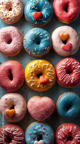 An endless array of heart shaped sweet donuts in vibrant colors forms a captivating pattern when viewed from above leaving plenty of space for your own message