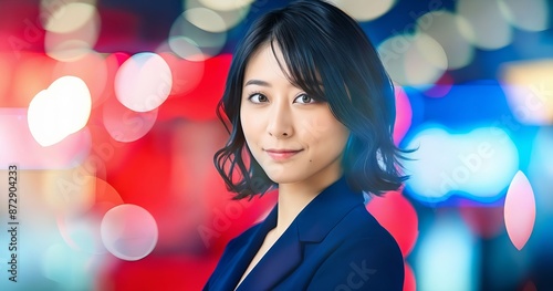 A woman in a blue suit with a red background.