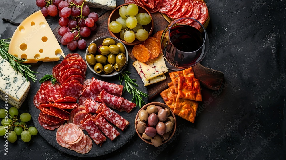 Assorted antipasto dish with cheese meat grapes and olives pair with wine Top view presentation with room for text Flat lay composition Assorted antipasto dish with cheese meat grapes and olives pair with wine Top view presentation with room for text Flat lay composition