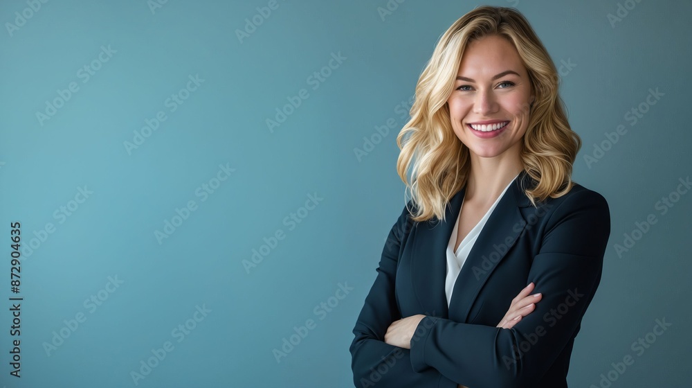 A beautiful blonde woman in business attire standing against a blue background. A beautiful blonde woman in business attire standing against a blue background.