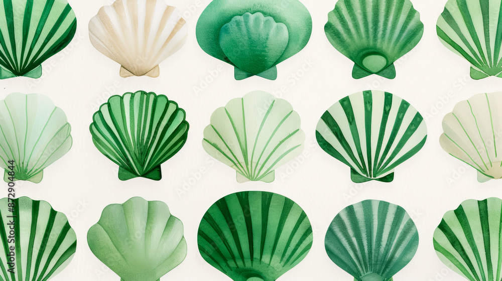 Fototapeta premium Watercolor illustration of a minimalist Scandinavian spiral seashell pattern in subtle jade green on white ink watercolour 