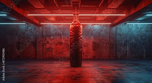 Red Boxing Bag Hanging In A Dark And Moody Industrial Gym