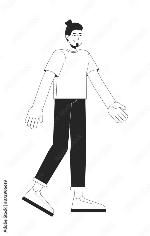 Happy caucasian man walking black and white 2D line cartoon character. Positive european male in casual clothes isolated vector outline person. Leisure activity monochromatic flat spot illustration Happy caucasian man walking black and white 2D line cartoon character. Positive european male in casual clothes isolated vector outline person. Leisure activity monochromatic flat spot illustration