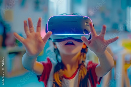 Child Exploring Virtual Reality with VR Headset, Surrounded by Digital Particles, Generative AI photo