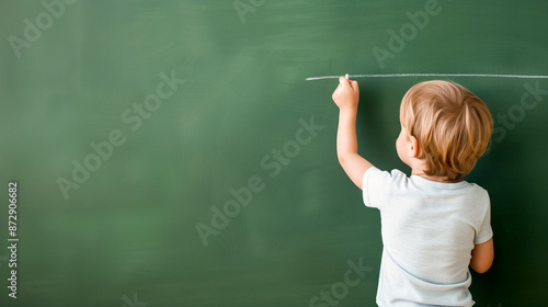 A young boy writing on a chalkboard, engaged in learning, with her back facing the camera.
