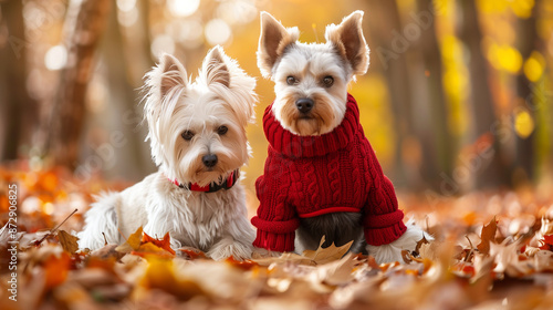 yorkshire terriers wearing sweaters in the fall  photo