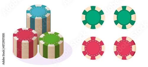 Poker casino chips pile and isolated cut out icon vector image clip art graphic illustration set 3d and flat cartoon, red green blue gamble game coins money on white background
