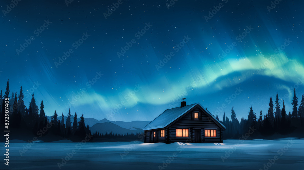 Fototapeta premium Watercolor illustration of a secluded Alaskan cabin enveloped by an ethereal winter aurora ink watercolour