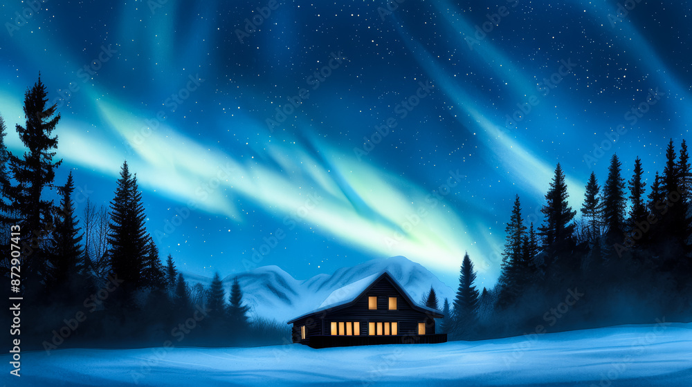 Watercolor illustration of a secluded Alaskan cabin enveloped by an ethereal winter aurora ink watercolour Watercolor illustration of a secluded Alaskan cabin enveloped by an ethereal winter aurora ink watercolour