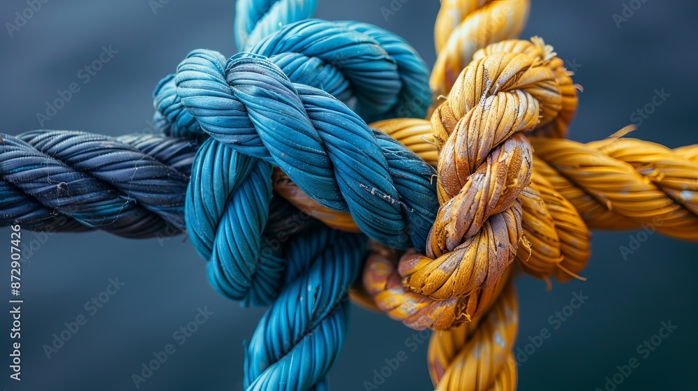 A concept or metaphor for teamwork, collaboration, and successful partnership depicted as diverse ropes connected together A concept or metaphor for teamwork, collaboration, and successful partnership depicted as diverse ropes connected together