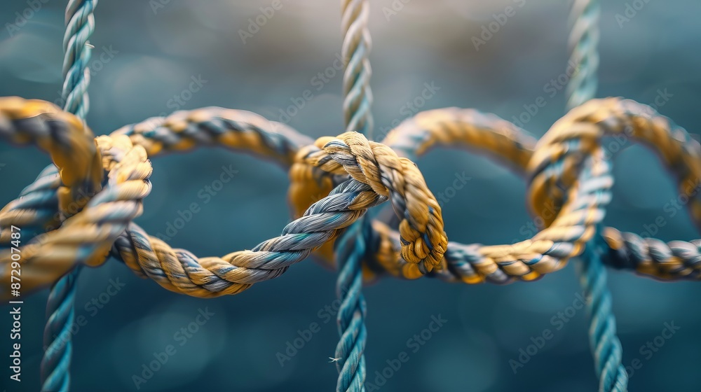 A concept or metaphor for teamwork, collaboration, and successful partnership depicted as diverse ropes connected together A concept or metaphor for teamwork, collaboration, and successful partnership depicted as diverse ropes connected together
