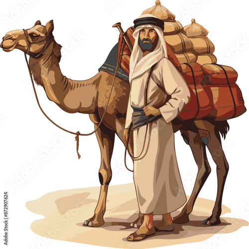 Illustration of a Caravan Trader with Camel – Depicts Adventure and Trade