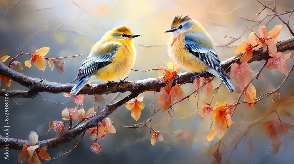 Obraz premium Two birds perched on a branch with blooming flowers in a watercolor painting.