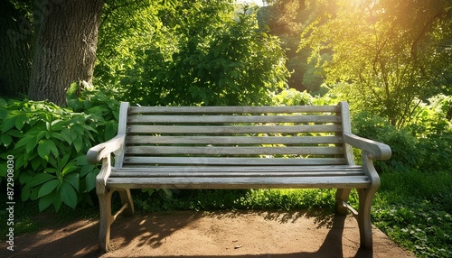 A distressed wooden bench in a sun-dappled garden.