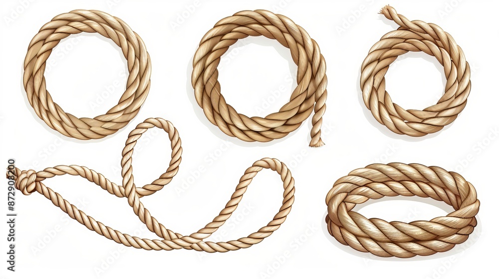 A set of circular rope curves in different thicknesses for decoration, vector illustration isolated on white background A set of circular rope curves in different thicknesses for decoration, vector illustration isolated on white background