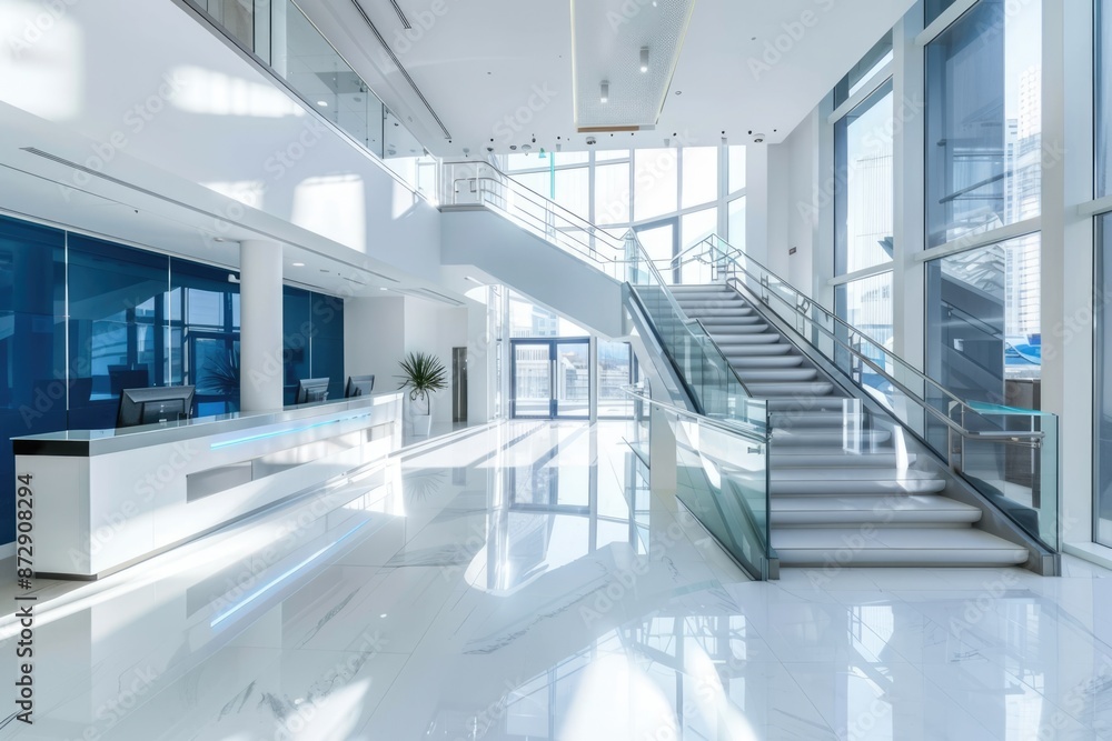 Beautiful white modern office building interior with a blue glass wall and staircase, in a high angle view. Wide shot of the empty business center lobby with a clean shiny floor and bright windows Beautiful white modern office building interior with a blue glass wall and staircase, in a high angle view. Wide shot of the empty business center lobby with a clean shiny floor and bright windows