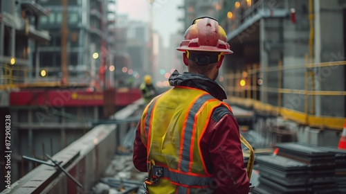 A construction worker in safety gear is using an iron tape to measure the height of concrete columns on site