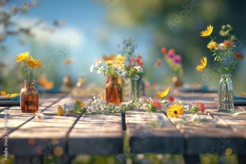 Outdoor wooden picnic table surrounded by green foliage, vibrant flowers. Tall orange vases with yellow blooms, smaller vases with white flowers, mix of orange, yellow wildflowers adorn table. photo