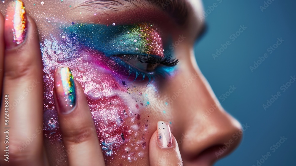 Fototapeta premium Close-up of elegant nail art design with intricate floral pattern and sparkling rhinestones on woman's fingertips, beauty and fashion concept