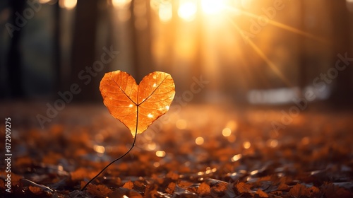 Heart-shaped leaf in autumn forest with warm sunlight photo
