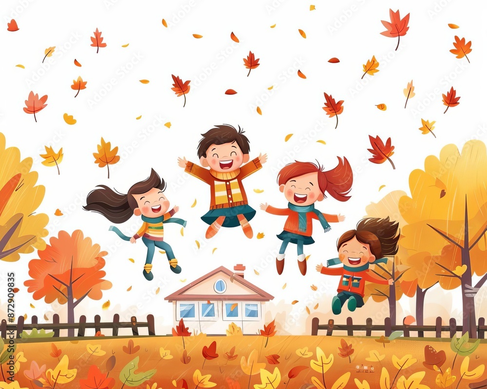 Fototapeta premium School playground with fallen leaves, kids jumping in leaf piles, Autumn Education, playful outdoor activity